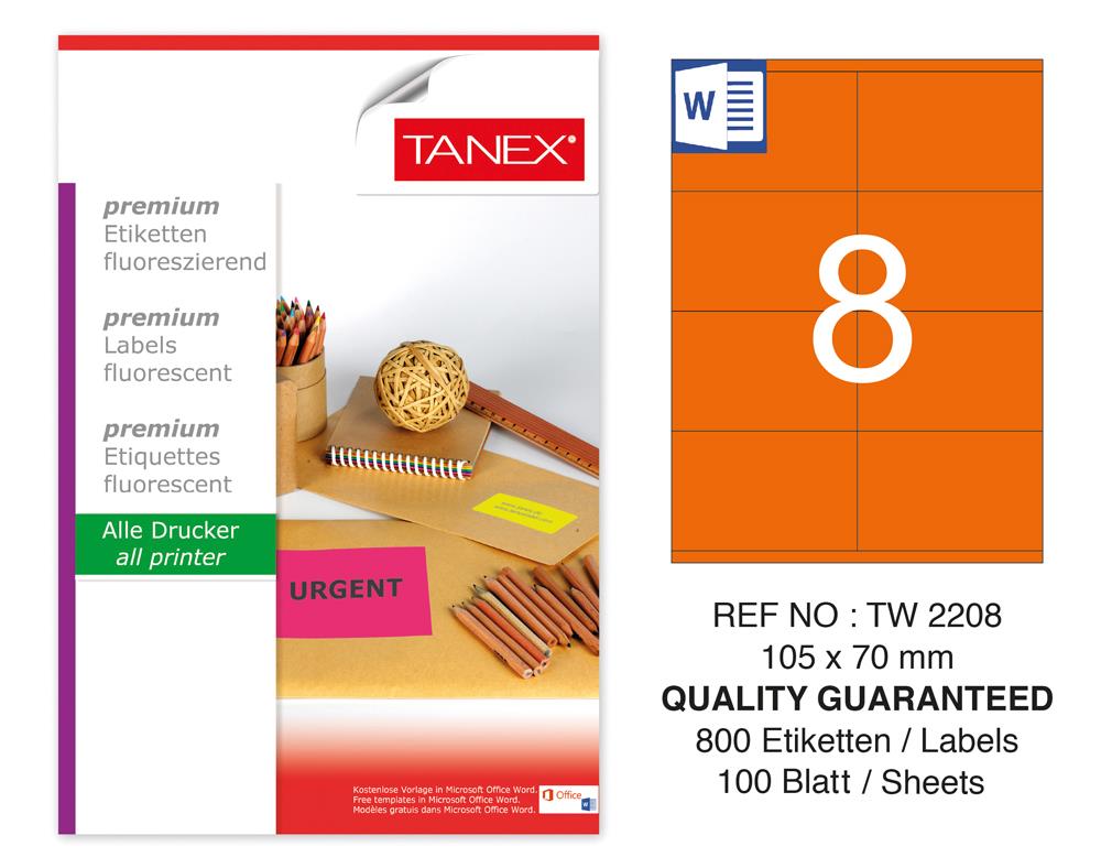 Tanex Tw-2208 105x70mm Turuncu Floresan Laser Etiket 100 Lü