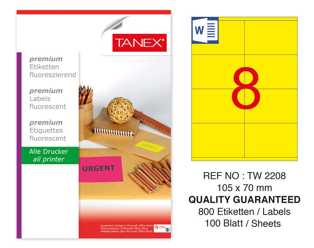 Tanex TW-2208 105x70mm Sarı Floresan Laser Etiket 100 Lü