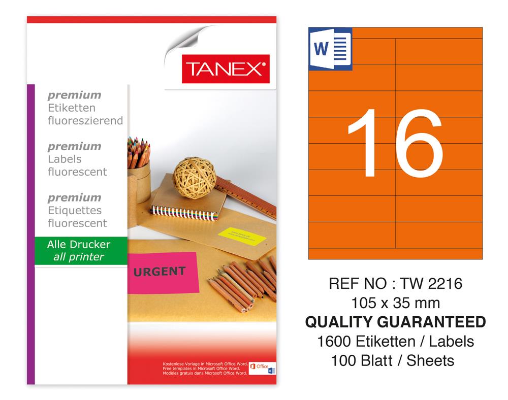 Tanex TW-2216 105x35mm Turuncu Floresan Laser Etiket 100 Lü