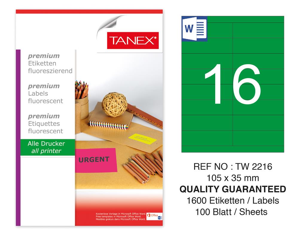 Tanex TW-2216 105x35mm Yeşil Floresan Laser Etiket 100 Lü