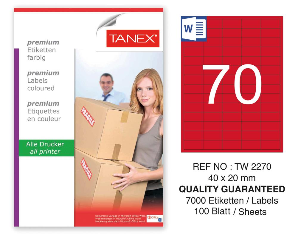 Tanex TW-2270 40x20mm Kırmızı Pastel Laser Etiket 100 Lü