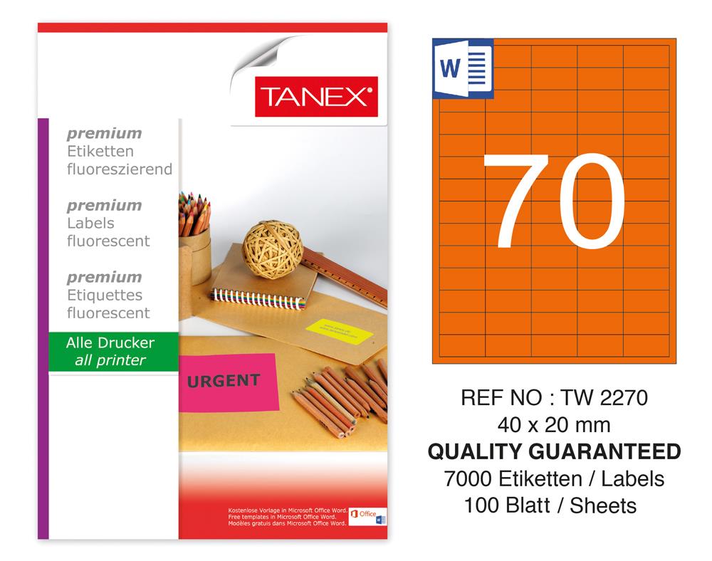 Tanex TW-2270 40x20mm Turuncu Floresan Laser Etiket 100 Lü