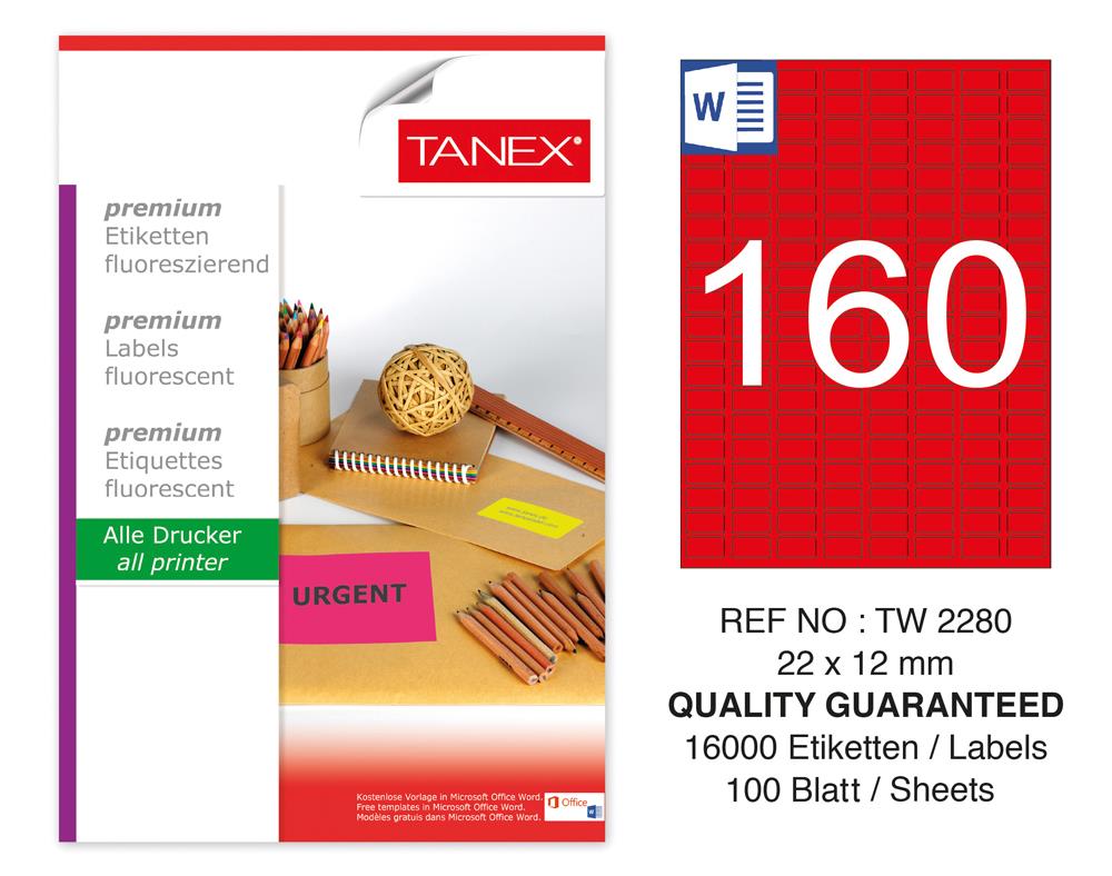 Tanex TW-2280 22x12mm Kırmızı Floresan Laser Etiket 100 Lü