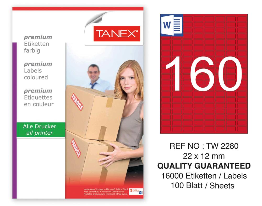 Tanex TW-2280 22x12mm Kırmızı Pastel Laser Etiket 100 Lü