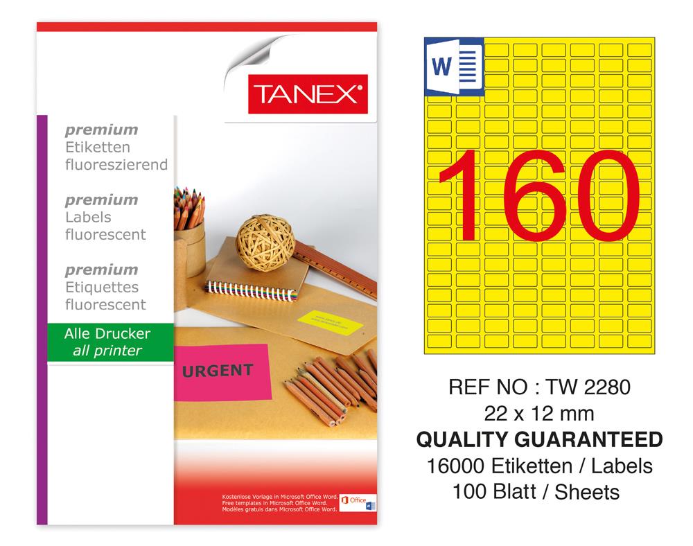 Tanex TW-2280 22x12mm Sarı Floresan Laser Etiket 100 Lü