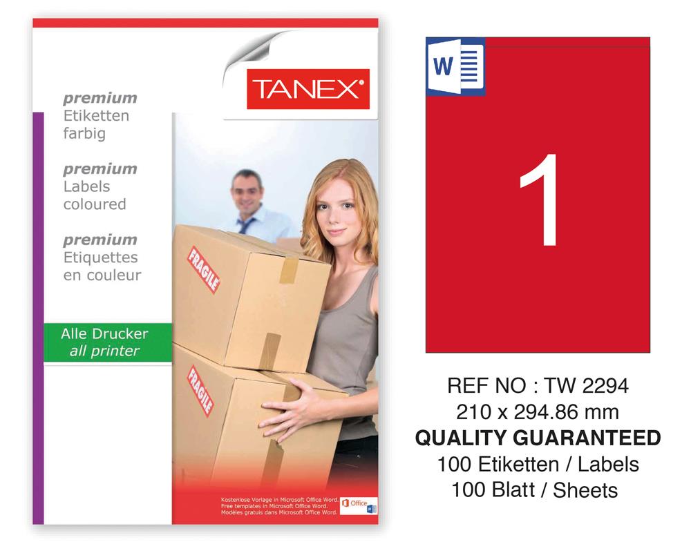Tanex TW-2294 210x294,86mm Kırmızı Pastel Laser Etiket 100 Lü