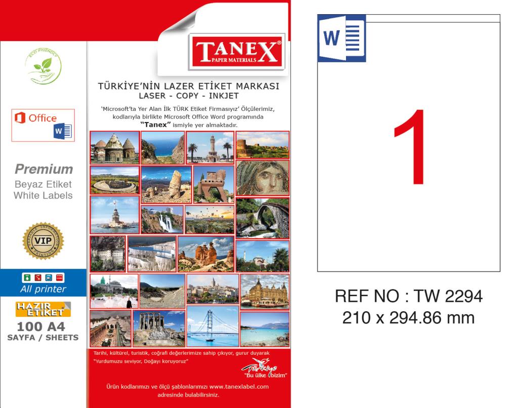 Tanex TW-2294 210x294.86mm Kuşe Lazer Etiket 100 Lü Paket