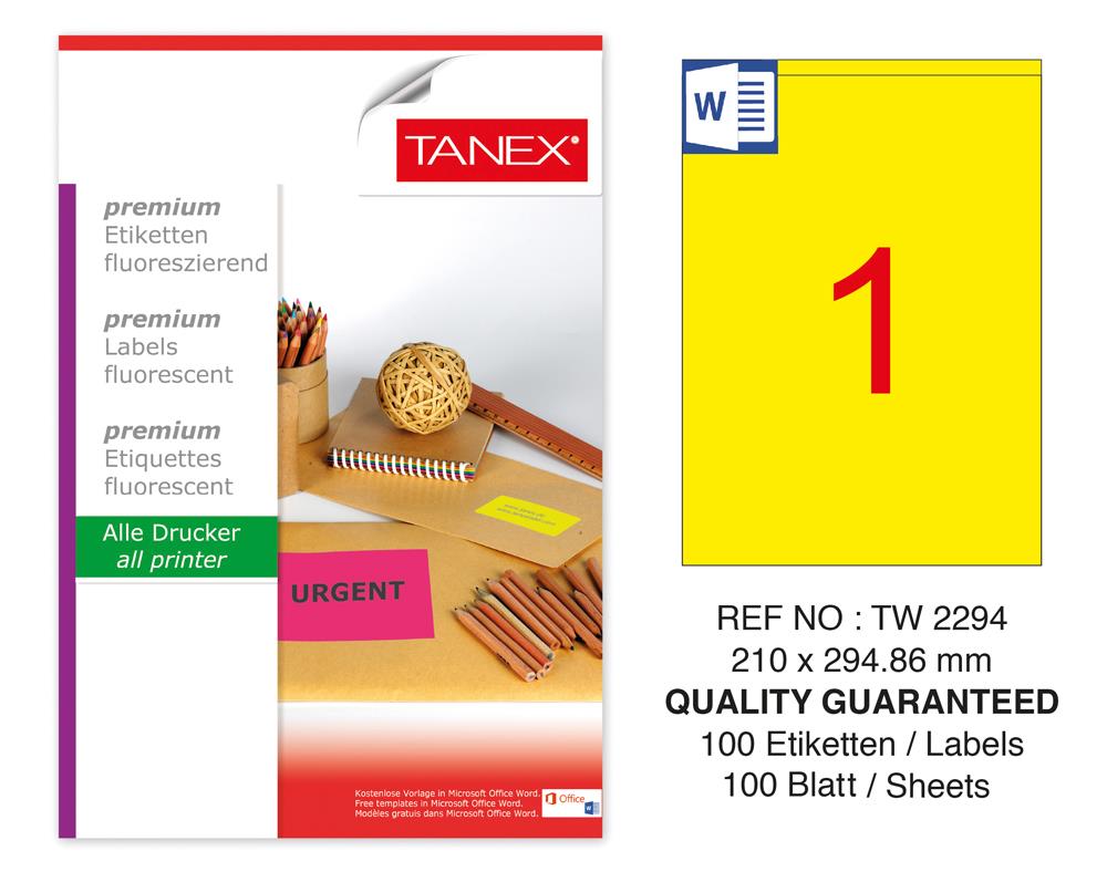 Tanex TW-2294 210x294,86mm Sarı Floresan Laser Etiket 100 Lü
