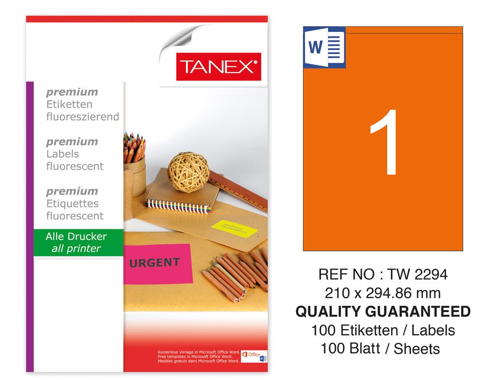 Tanex TW-2294 210x294,86mm Turuncu Floresan Laser Etiket 100 Lü