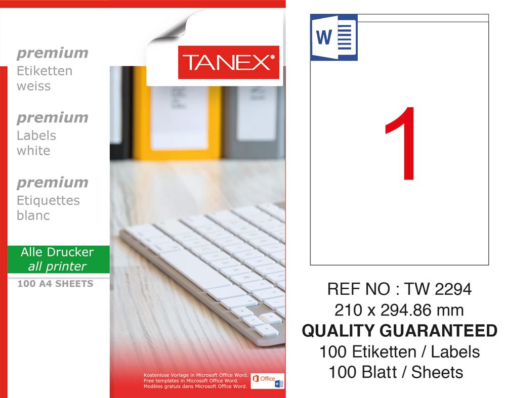 Tanex TW-2294 Laser Etiket 210 x 294,86 mm