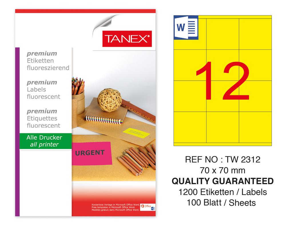 Tanex TW-2312 70x70mm Sarı Floresan Laser Etiket 100 Lü