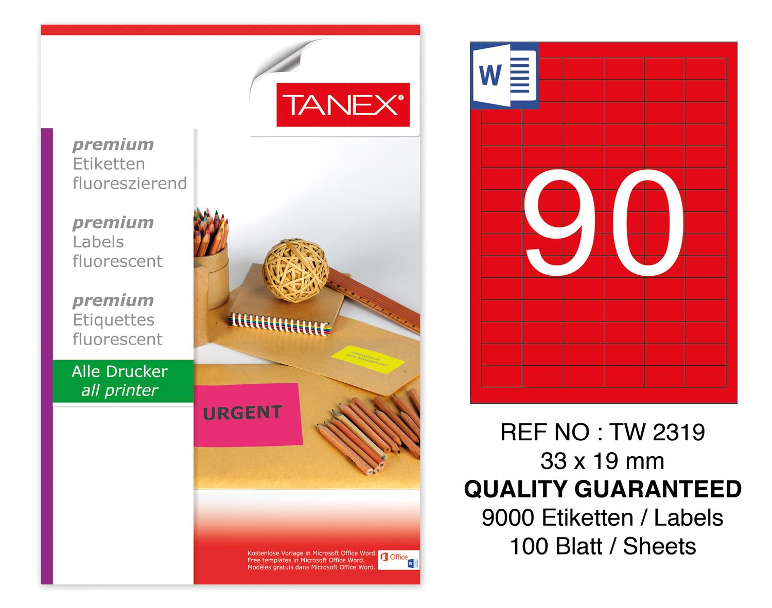 Tanex TW-2319 33x19mm Kırmızı Pastel Laser Etiket 100 Lü