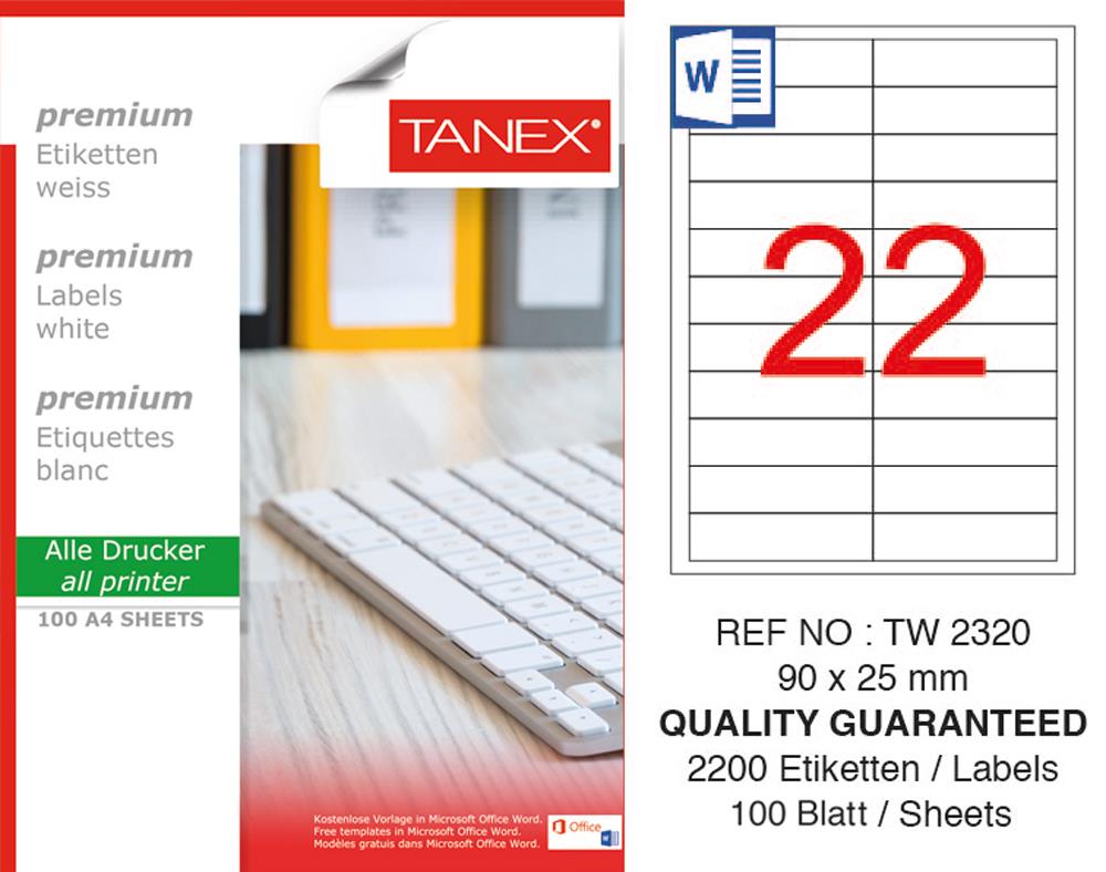 Tanex TW-2320 90x25mm Beyaz Lazer Etiket 100 Lü Paket
