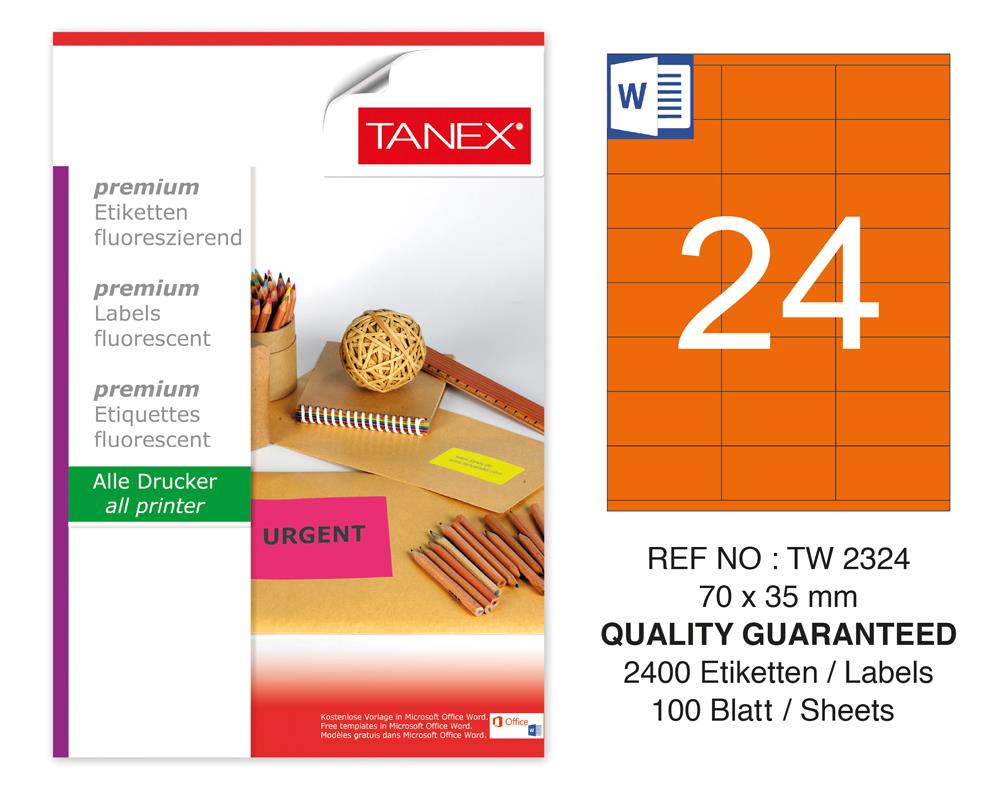 Tanex TW-2324 70x35mm Turuncu Floresan Laser Etiket 100 Lü