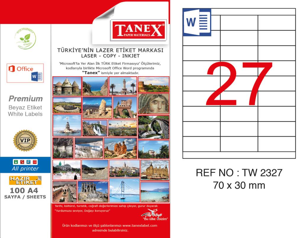 Tanex TW-2327 70x30mm Kuşe Lazer Etiket 100 Lü Paket