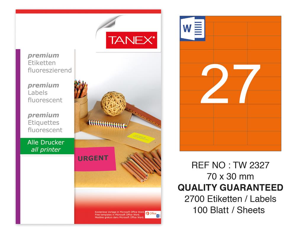 Tanex TW-2327 70x30mm Turuncu Floresan Laser Etiket 100 Lü