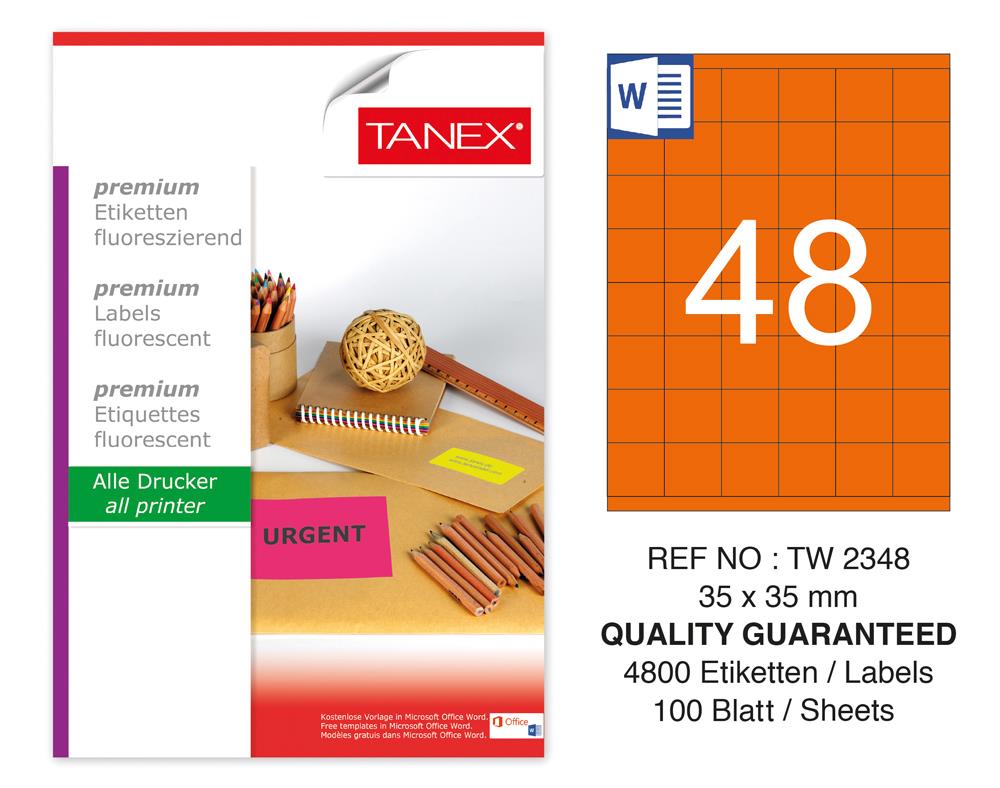 Tanex TW-2348 35x35mm Turuncu Floresan Laser Etiket 100 Lü