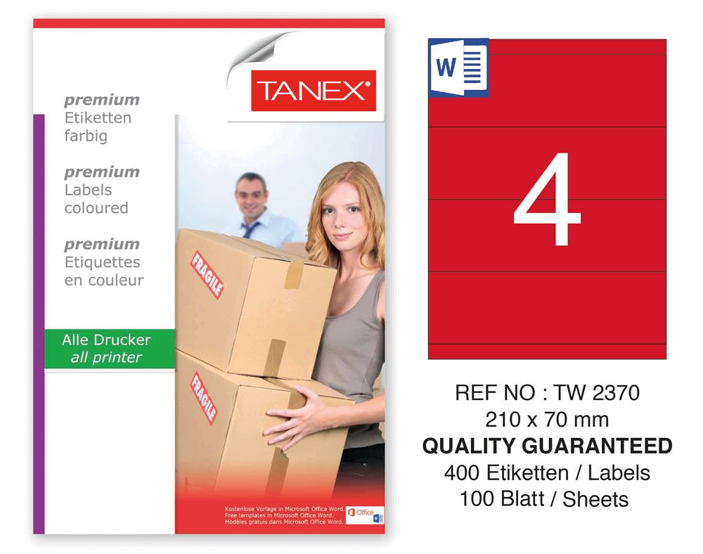 Tanex TW-2370 210x70mm Kırmızı Pastel Laser Etiket 100 Lü