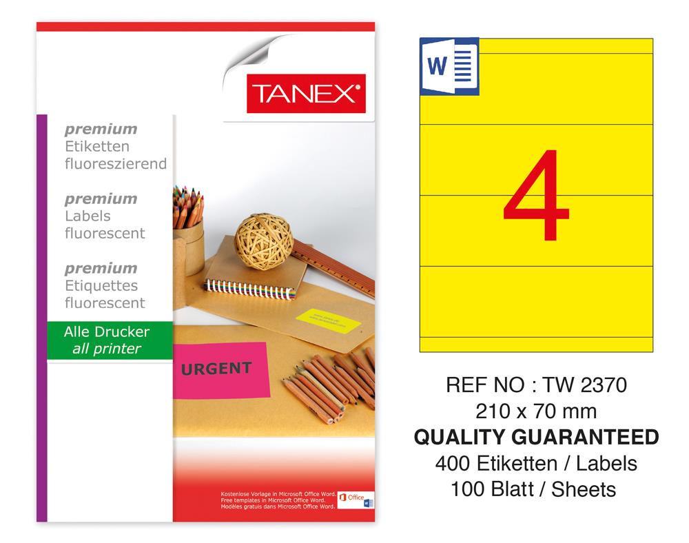 Tanex TW-2370 210x70mm Sarı Floresan Laser Etiket 100 Lü