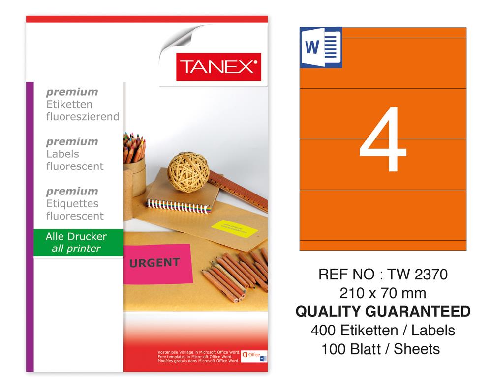 Tanex TW-2370 210x70mm Turuncu Floresan Laser Etiket 100 Lü