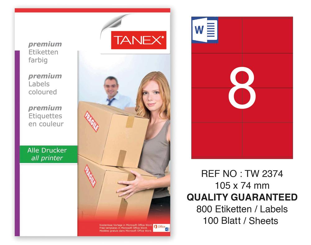 Tanex TW-2374 105x74,25mm Kırmızı Pastel Laser Etiket 100 Lü