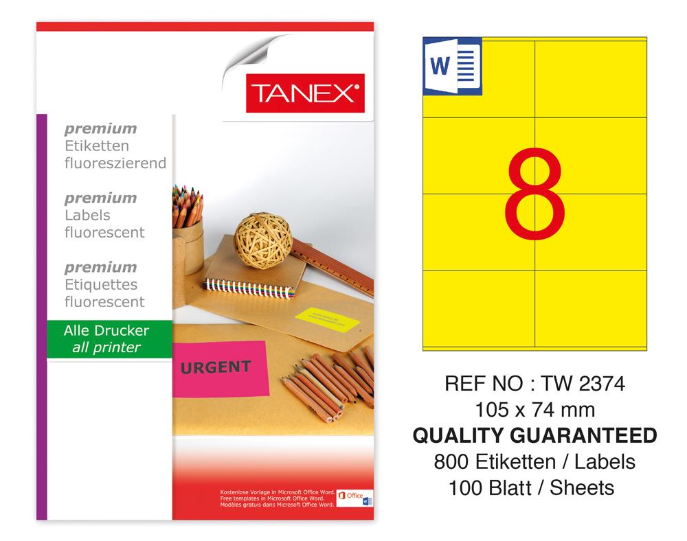 Tanex TW-2374 105x74,25mm Sarı Floresan Laser Etiket 100 Lü