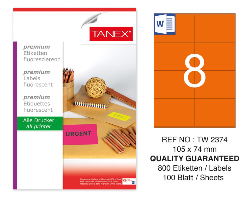 Tanex TW-2374 105x74,25mm Turuncu Floresan Laser Etiket 100 Lü