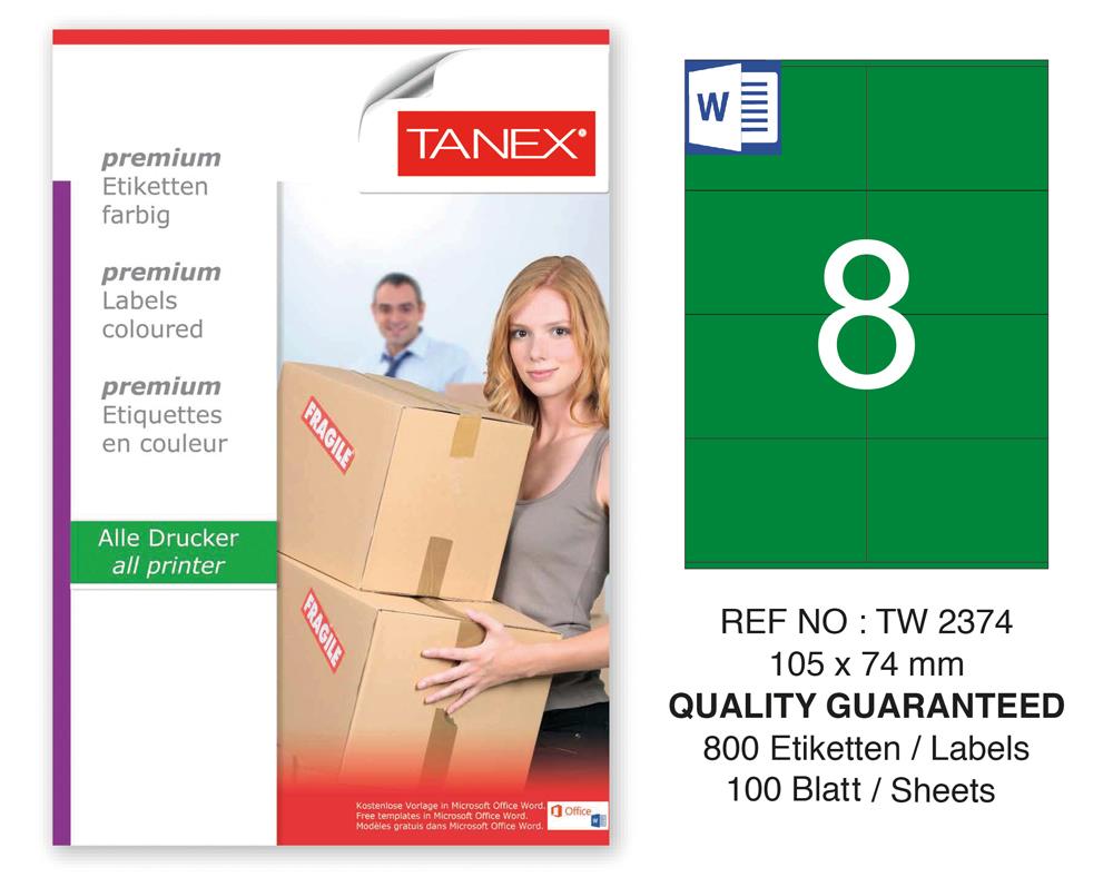 Tanex TW-2374 105x74,25mm Yeşil Pastel Laser Etiket 100 Lü