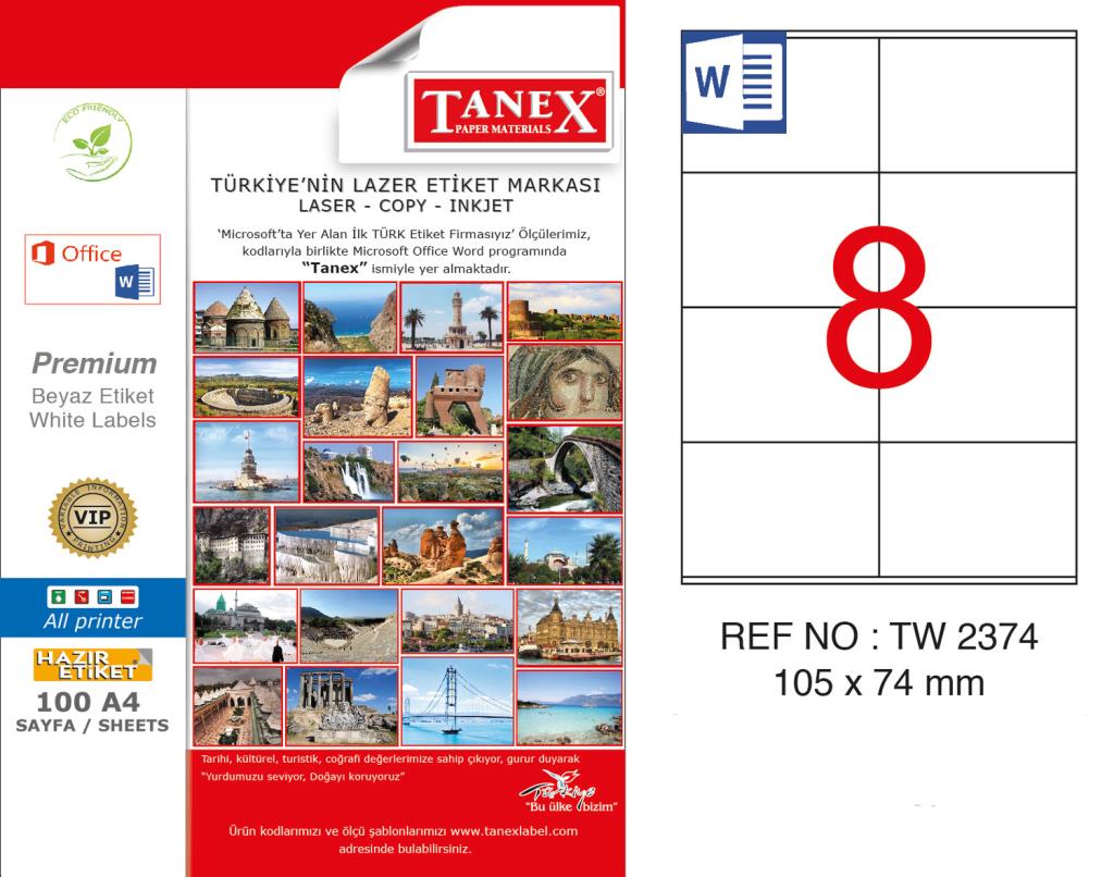 Tanex TW-2374 105x74mm Kuşe Lazer Etiket 100 Lü Paket