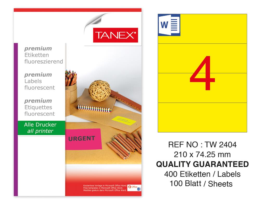 Tanex TW-2404 210x74,25mm Sarı Floresan Laser Etiket 100 Lü