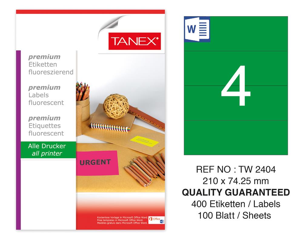 Tanex TW-2404 210x74,25mm Yeşil Floresan Laser Etiket 100 Lü