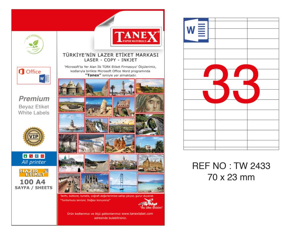 Tanex TW-2433 70x23mm Kuşe Lazer Etiket 100 Lü Paket
