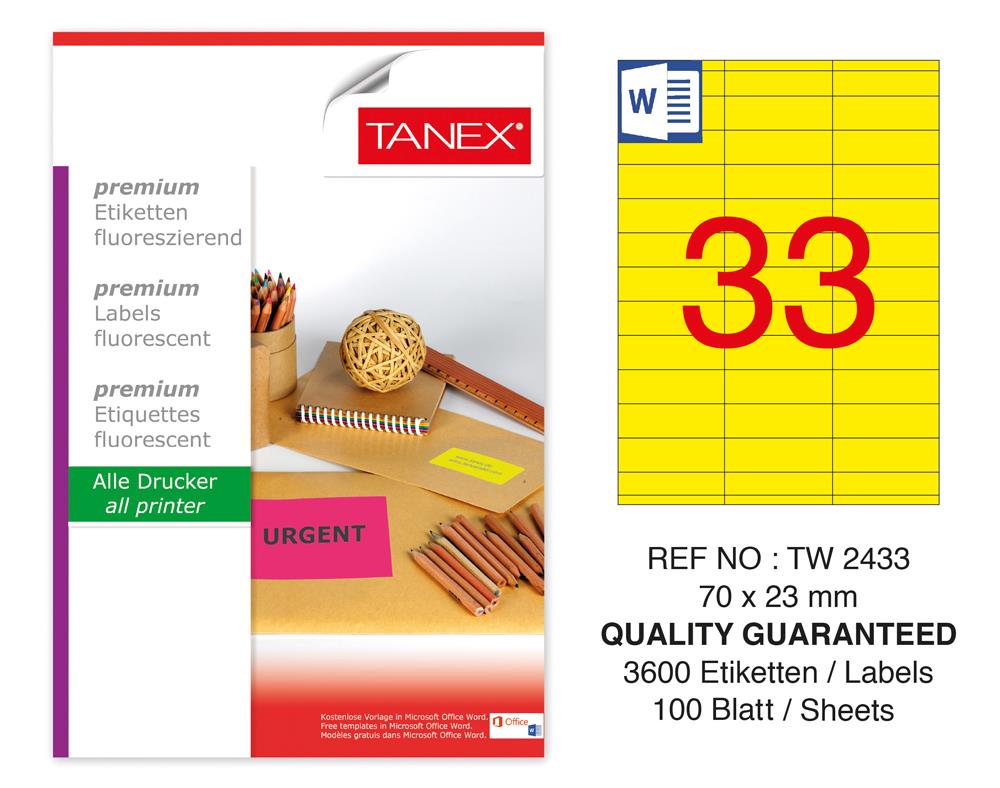 Tanex TW-2433 70x23mm Sarı Floresan Laser Etiket 100 Lü