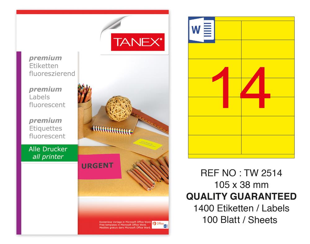 Tanex TW-2514 105x38mm Sarı Floresan Laser Etiket 100 Lü
