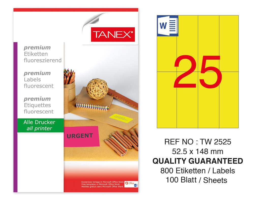 Tanex TW-2525 52,5x148,5mm Sarı Floresan Laser Etiket 100 Lü