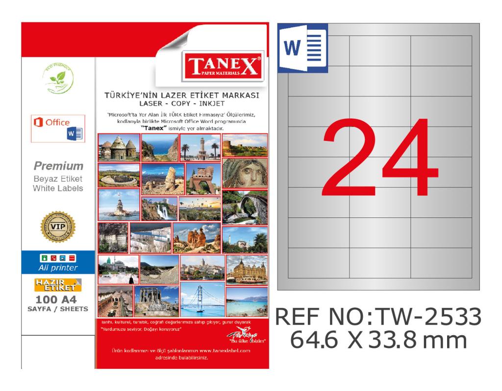 Tanex TW-2533 64.6x33.8mm Gümüş Lazer Etiket 600 Lu