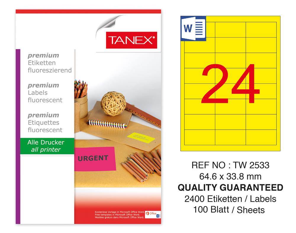 Tanex TW-2533 64,6x33,8mm Sarı Floresan Laser Etiket 100 Lü