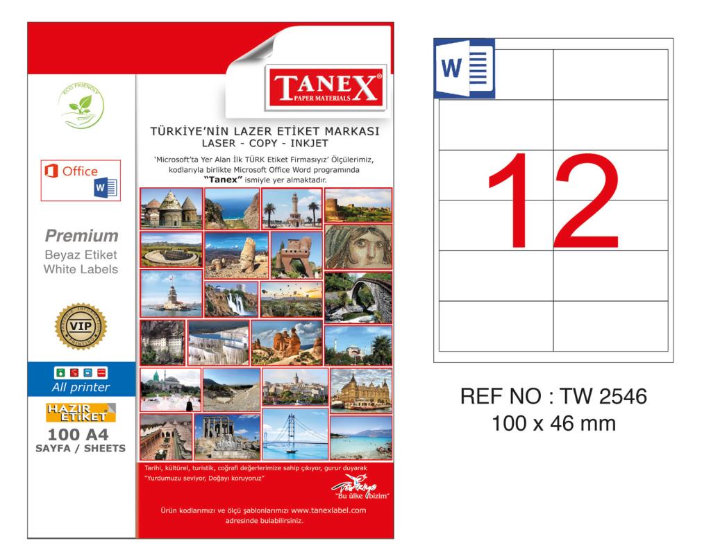 Tanex TW-2546 100x46mm Kuşe Lazer Etiket 100 Lü Paket
