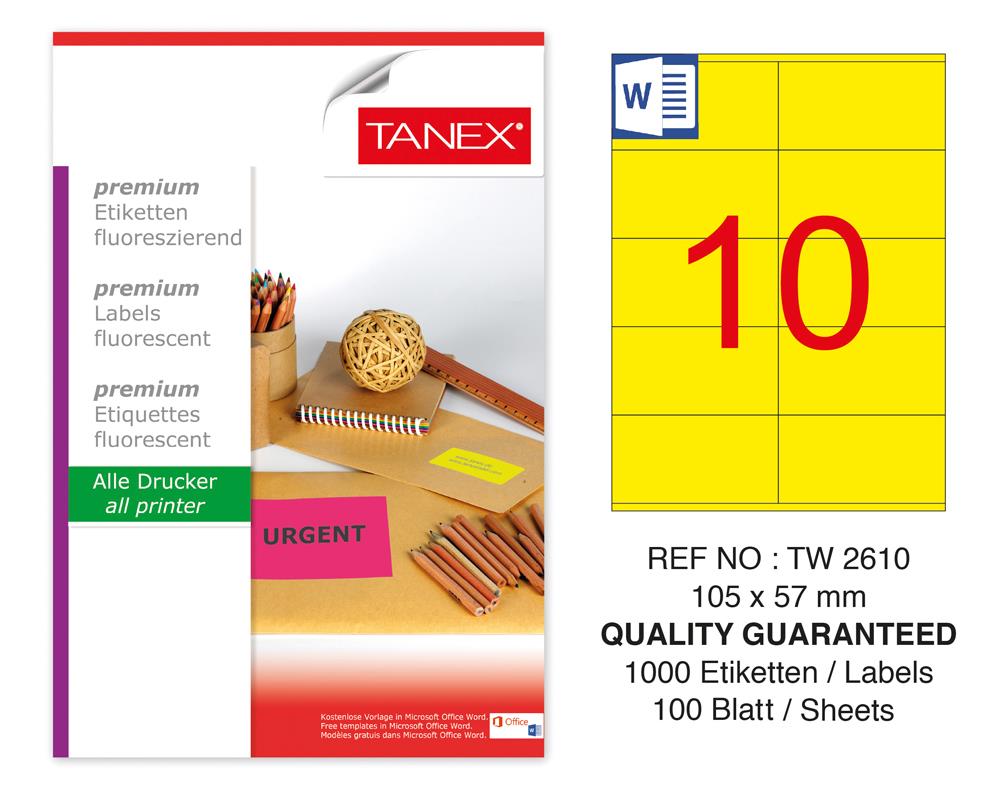 Tanex TW-2610 105x57mm Sarı Floresan Laser Etiket 100 Lü