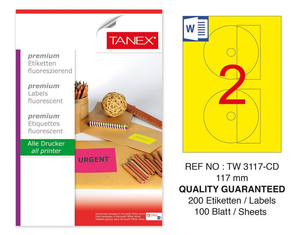 Tanex TW-3117 117mm Sarı Floresan Laser Etiket 100 Lü