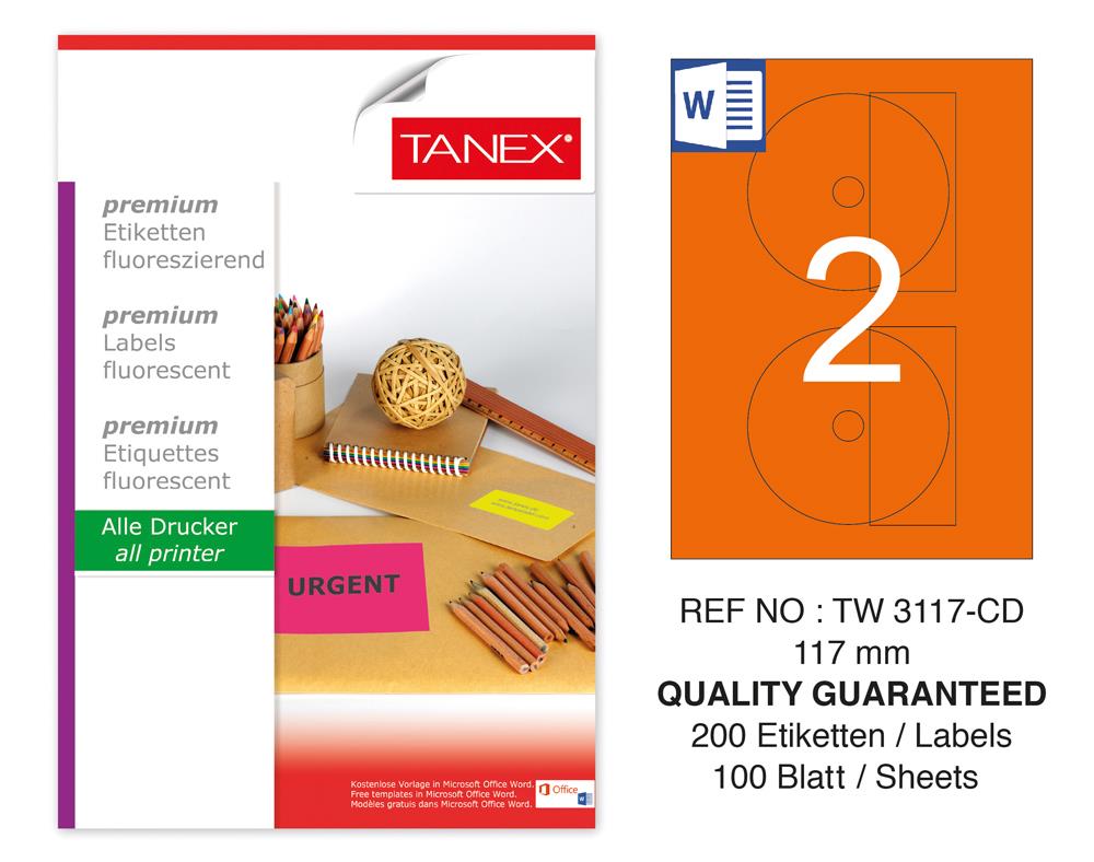 Tanex TW-3117 117mm Turuncu Floresan Laser Etiket 100 Lü